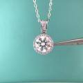 wholesale S925 Sterling Silver Moissanite Round Halo Necklace for Women, 1 Carat D Color, Luxury Advanced Collarbone Chain with Four-Prong Pendant and Full Diamond Accents-0-0