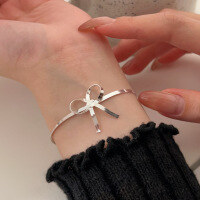 wholesale S925 Sterling Silver Snake Bone Blade Chain Bow Necklace Women Korean Popular Minimalist Style Bracelet Earring Set-Bracelet (pure silver/40+5CM)