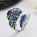 wholesale S925 sterling silver artistic vintage ethnic-style creative colorful epoxy peony flower and leaf design open ring-0-2