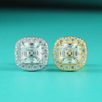 925 Sterling Silver Hip-Hop American Style Moissanite Square D Color Unisex Earrings-Set with 0.6CT moissanite (gold)  925 silver