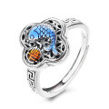 wholesale S925 Sterling Silver Retro Resin Fortune Character Koi Carp Ruyi Tassel Earrings Ethnic Ancient Style Openable Ring-0-4