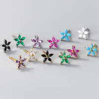 wholesale S925 silver colorful zircon five-petal flower earrings, ins-style plum blossom-shaped marcasite multi-color ear accessories M03348-S925 silver, a pair of gold and green diamonds 925 silver