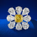 wholesale S925 Sterling Silver Imported High Carbon Diamond 6*6 Yellow Diamond Ring Cluster Floral Setting Engagement Ring-0-1