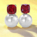 wholesale S925 Silver New Fashion Versatile Women's Style Ruby-Embedded 12mm Pearl Earrings-0-0