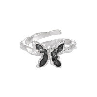 wholesale S925 Sterling Silver 117 Niche Original Design Ins Advanced Sense Minimalist Style Elegant Black Resin Butterfly Ring for Women-White gold black glue [No. 14/Adjustable] &gt; Opening adjustable