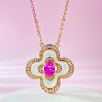 wholesale S925 silver necklace with 4-leaf clover 5*7 pink crystal mother-of-pearl pendant, fashionable and versatile for daily wear, live streaming wholesale item-N368 Pink Steel Four-Leaf Clover Necklace 925 Silver