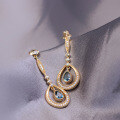 wholesale 925 Silver Gold-Plated with Micro-Inlaid Zircon and Sky Blue Topaz, New Korean and Japanese Light Luxury Style Long Drop Earrings for Wholesale-0-3