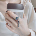 wholesale S925 Sterling Silver Bohemian Ethnic Style Resin Blue Lotus Tassel Bell Ring Elegant and Chic Jewelry-0-3