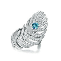 wholesale 925 Silver Gold-Plated Ring with High-Carbon Diamonds, Feather Design, Aquamarine, High-End Jewelry, Versatile Accessories, Women's Style Ring-Synthetic Aquamarine One size fits all with adjustable opening