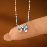 wholesale S925 Sterling Silver Red Elk All-Over Blue Zircon Light Luxury Niche Heart Pendant Bow Necklace Women's Collarbone Chain Trendy-BX0409-White Gold 925 Silver