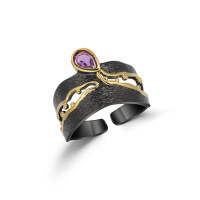 wholesale S925 Silver Designer Retro Style Open Ring Italian Craftsmanship High-End Natural Amethyst Ring-Natural Amethyst Ring Adjustable opening