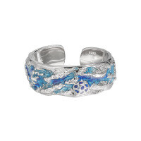 wholesale S925 Sterling Silver Original Niche Textured Ring Ins Trendy Cool Enamel Resin Drop Adjustable Open Ring for Women-Blue glue type Adjustable opening