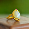 wholesale Silver-plated gold-tone certificate-included floral branch Hetian jade women's ring, vintage Chinese-style adjustable index finger jade ring-0-1
