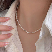 wholesale S925 Sterling Silver Natural Freshwater Pearl Necklace for Women, Korean New Style, Small and Niche, High-End Luxury Rice Pearl Simple Chain-Natural pearl + pure silver (38+5CM)