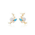 wholesale S925 sterling silver diamond-encrusted pearl drop oil-painted floral earrings, trendy OL-style pearl earrings from Dongdaemun, Korea-0-4