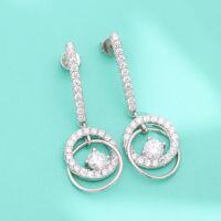 wholesale S925 sterling silver wholesale moissanite earrings with silver pins, elegant heavy work long drop style, lady's beating heart double loop circle-50 points + 50 points (zircon) earrings 925 silver