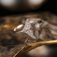 wholesale 925 Sterling Silver Fishtail Adjustable Ring for Women, Fashionable and Unique Index Finger Ring, Trendy Ins Style Ring, Minimalist and Cold-Toned Pinky Ring-Fishtail Ring (Copper Plated White Gold)  Adjustable Opening