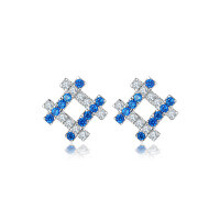 wholesale 925 Sterling Silver Two-Tone Zircon Ear Studs for Women, Small Niche Design, European and American Fashion, Rhombus and Square Shape, Blue Ear Accessories-Platinum 925 silver