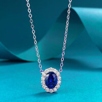 wholesale S925 Sterling Silver Cross-Border New Product European and American Style Blue Sapphire Oval 6*9 Geometric Pendant 40+5 Dropshipping-N449 Blue Steel Necklace 925 Silver