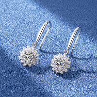 wholesale S925 Sterling Silver Moissanite Sunflower Earrings for Women, French Double Row Diamond Ear Hook Ear Studs Wholesale Exquisite-50 points + 50 points high carbon diamond 925 silver
