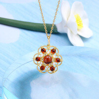 wholesale 925 Silver Vintage Royal Style Hollow Flower Pendant with Natural Garnet and Pearl Necklace for Sweaters-Retro ethnic style red pomegranate pendant 925 silver