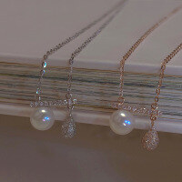 wholesale S925 Sterling Silver Exquisite Waterdrop Full Zircon Necklace for Women with Pearl Pendant Simple and Fashionable Collarbone Chain-BX0190-Gold 925 Silver