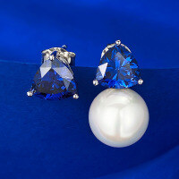 wholesale High Carbon Gold Plated 8*8 Fat Triangle Set 11mm Pearl Earrings, Fashionable and Versatile, Mu Jing Jewelry New Collection-E328 Blue Diamond 925 Silver