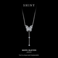 Metal Alloy Delicate Double-Layer Butterfly Collarbone Necklace with Moissanite Long Fringe.-S925 sterling silver + 50 points Moissanite