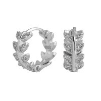 wholesale S925 Sterling Silver Micro-Paved Zirconia Leaf Ear Hoops, Vintage-Inspired Advanced Sense Olive Leaf Earrings-Platinum 925 silver