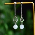wholesale 925 Silver Ancient Style Jade Bead Ear Thread Cheongsam Hanfu Earrings with Gourd Inlaid Round Bead and Hetian Jade Earrings-0-0