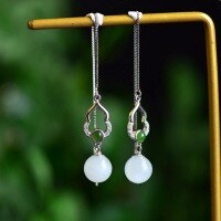 wholesale 925 Silver Ancient Style Jade Bead Ear Thread Cheongsam Hanfu Earrings with Gourd Inlaid Round Bead and Hetian Jade Earrings-Hollow Gourd Inlaid Hetian Jade Bead Earrings>925 Silver