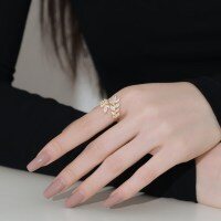 wholesale S925 Sterling Silver New Live Streaming Openable Leaf Design Zircon Inlaid Versatile Elegant Women's Ring-Platinum DY120953-SW-WH Adjustable opening