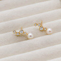 wholesale S925 silver plated with 14K gold, Dunli Jewelry French retro irregular pearl white zircon earrings-0-3