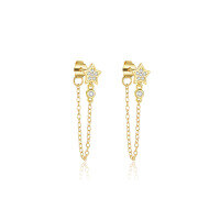 wholesale S925 Sterling Silver Star-shaped European And American Trendy Earrings For Women, Light Luxury Zirconia Accented Versatile Fashion Tassel Chain Cross-border Ear Accessories-E5042-Gold/Pair 925 Silver