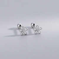 wholesale S925 silver diamond-encrusted five-petal flower screw pin cat paw ear stud without earplugs threaded hollow-out luxury earrings G9858-S925 silver pair of silver flowers 925 silver