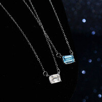 Sterling Silver Natural Blue Topaz Moissanite Necklace Pendant, One Carat Geometric Rectangular Zuma Green Cut-Inlaid with white moissanite
