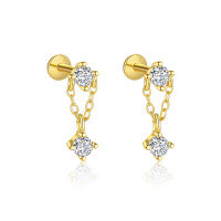 wholesale S925 Sterling Silver Tassel Zircon Flat Back Earrings For Women, French Style Trendy Luxury High-end European And American Wholesale-E4658-Gold/Pair 925 Silver