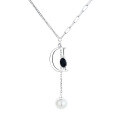 wholesale S925 Sterling Silver Retro D-Letter Black Zircon Pearl Chain Tassel Layered Collarbone Necklace-0-4