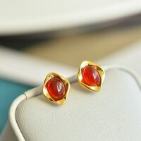wholesale 925 silver gold-plated certificate new Chinese-style red agate chalcedony earrings with ingot metaphysical wealth-attracting earrings gift-6*8 Carnelian with Zircon>925 Silver