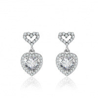 Metal Alloy Heart Four-Prong Stud Earrings with Moissanite and Tassels.-1 carat (set with zircon)  925 silver