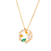 wholesale S925 Sterling Silver Japanese Fresh and Pastoral Style Necklace with Freshwater Pearl and Crystal, Small Accessories Wholesale-Freshwater Pearl + Yellow Nano + Green Spinel + White Zircon Necklace