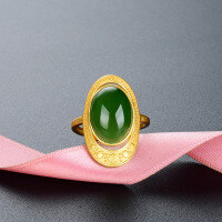 wholesale S925 Sterling Silver Sand Gold Gemstone Ring for Women, Adjustable Opening Light Luxury Fashionable Personality Inlaid with Hetian Jade Jasper Ring for Index Finger-Jasper Ring 925 Silver &gt; Adjustable Opening