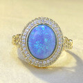 wholesale S925 Silver Gold-Plated Opal Blue Ring for Women with 8*10mm Oval Australian Opal, Cross-Border-0-0