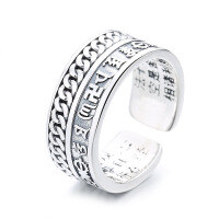 wholesale S925 Sterling Silver Creative Retro Ethnic Style Cable Knit Six-Character Mantra Heart Sutra Adjustable Ring for Men and Women-670J/approx. 7.7g Adjustable opening