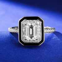 wholesale S925 Sterling Silver Zhuzhifan Jewelry Light Luxury Style Fashionable and Simple Emerald Cut Ring Versatile Three-Piece Set for Socialites-R613 White Diamond Black Trim Ring  Size 5