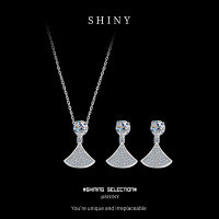 Sterling Silver High-end Korean-style Fan-shaped Moissanite Earrings and Necklace Set-S925 sterling silver + 50 point moissanite necklace