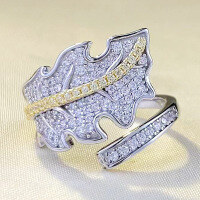wholesale S925 Silver New Luxury Full Diamond Women's Open Ring, Fashionable European and American Style-K050 Leaf Ring>One Size