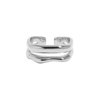 wholesale S925 sterling silver 796 Korean version ins design minimalist irregular double-layer square textured open ring for women-Platinum [No. 14/Adjustable] Opening adjustable