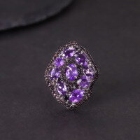 wholesale S925 Sterling Silver Luxury Diopside Ring Set with Natural Amethyst and Green Chalcedony, Vintage Style Jewelry-Natural Amethyst Ring  US size 6 (domestic size 13)