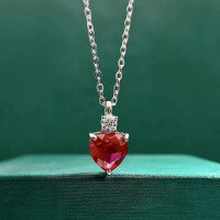 wholesale Metal: 925 Sterling Silver New Zhuo Zhifan Jewelry 8*8 Heart-shaped Round Diamond Pendant Necklace for Women, Classic and Stylish Design-N242 Red Diamond 925 Silver